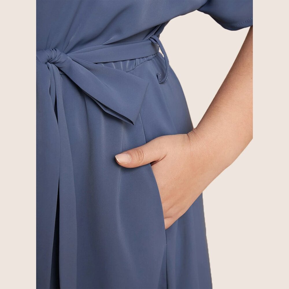 NWT BloomChic StonePlain Dolman Sleeve Pocket Belted Surplice Neck Flutter Dress - Picture 8 of 8